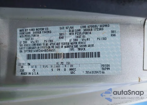 2004 Ford E-150 Commercial/Recreational из США, поврежденный, VIN 1FTRE14W24HB54651